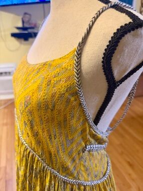 Yellow Patterned Sleeveless Summer Dress with Rope Trim